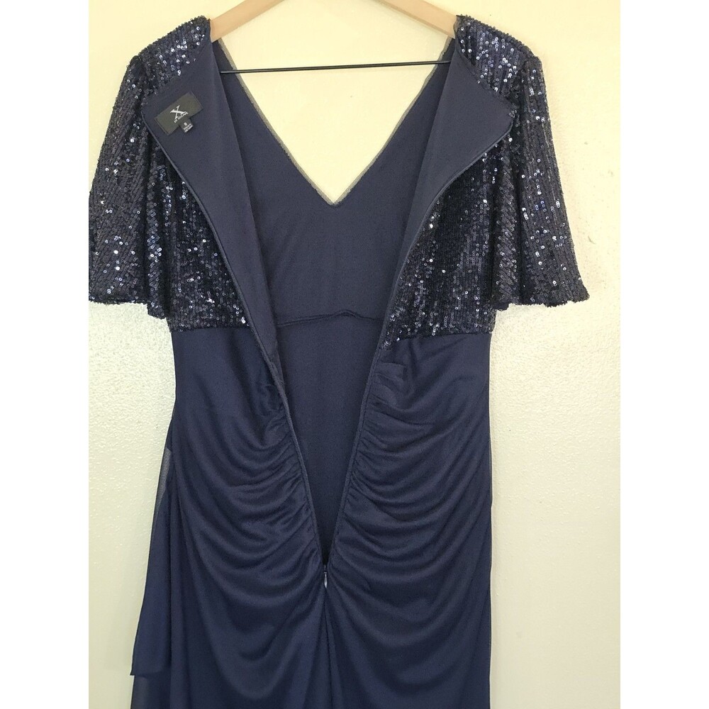 Xscape Navy Blue Sequin Ruffle Chiffon Maxi Dress V-Neck Flutter Sleeve Size 8 - Picture 8 of 11